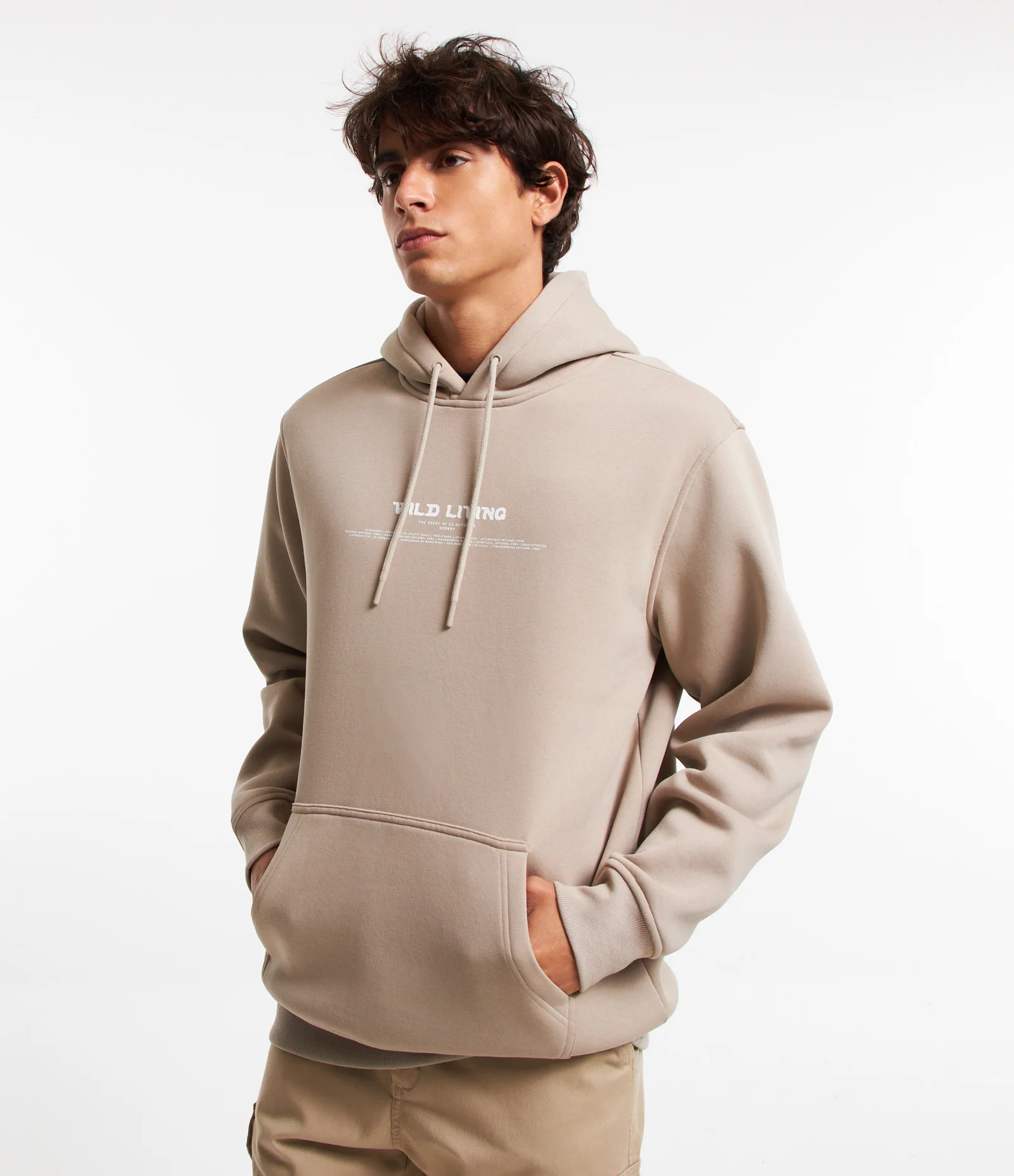 Blusão em Moletom com Capuz e Lettering Wild Living Bege - Imagem 4