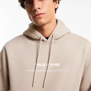 Blusão em Moletom com Capuz e Lettering Wild Living Bege